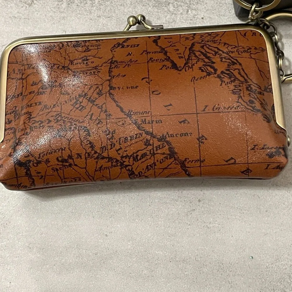 NWT Patricia Nash Lorella Riot Rust Signature Map Kiss Lock Frame Leather Wallet